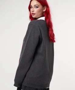 Minga London Clothing Division Grey Black Red Argyle Knitted Jumper