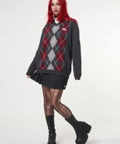 Minga London Clothing Division Grey Black Red Argyle Knitted Jumper