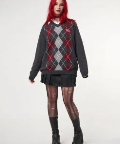 Minga London Clothing Division Grey Black Red Argyle Knitted Jumper