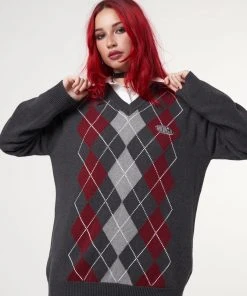 Minga London Clothing Division Grey Black Red Argyle Knitted Jumper