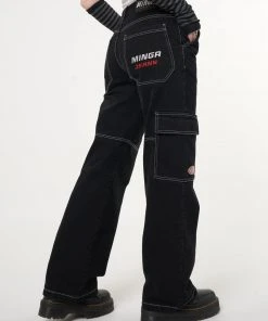 Minga London Jet Black Y2K Contrast Stitch Cargo Pants