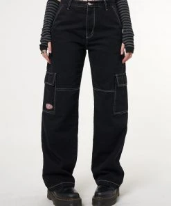 Minga London Jet Black Y2K Contrast Stitch Cargo Pants