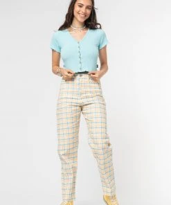 Minga London Joy Check Denim Mom Jeans Clothing