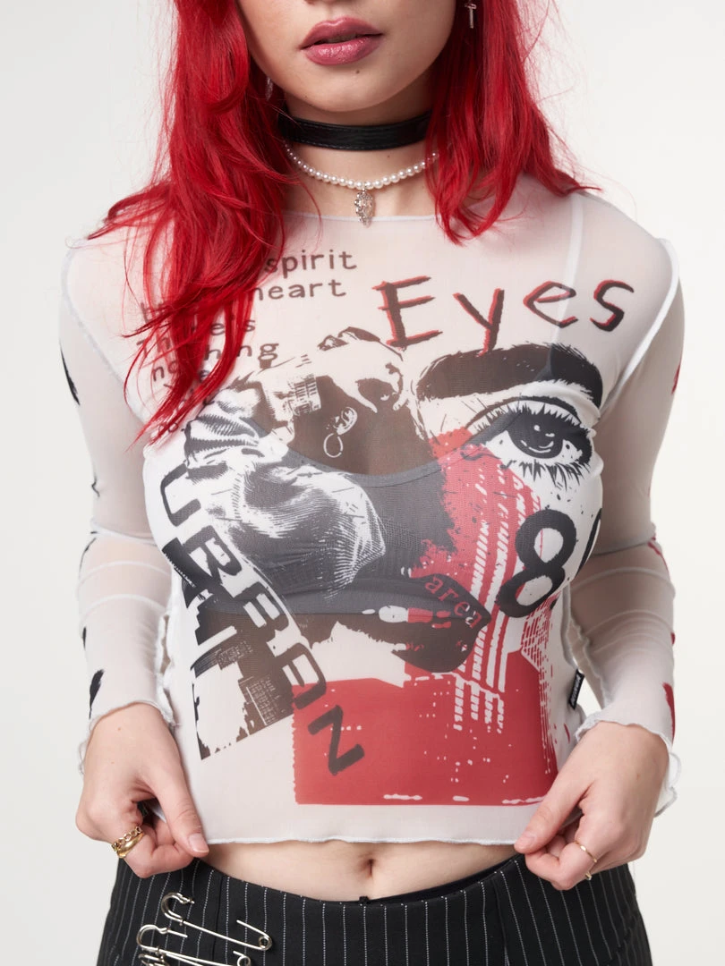 Minga London Stained Eyes Graphic Mesh Crop Top