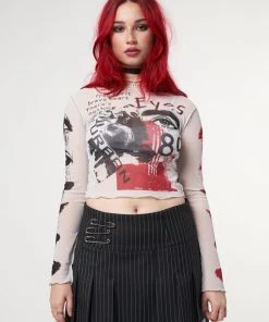 Minga London Stained Eyes Graphic Mesh Crop Top