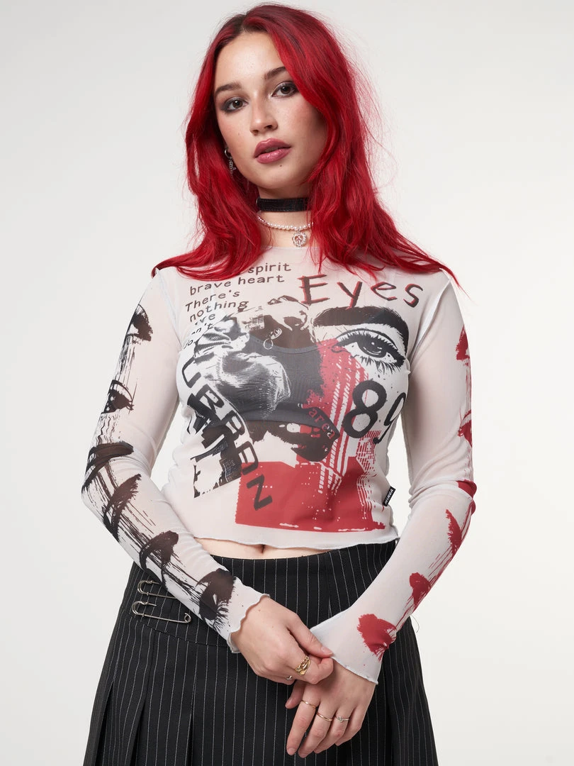 Minga London Stained Eyes Graphic Mesh Crop Top