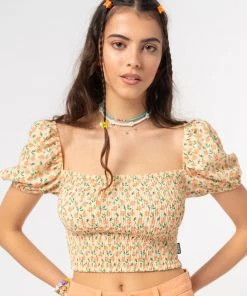 Minga London Fresh Oranges Shirred Puff Sleeve Top