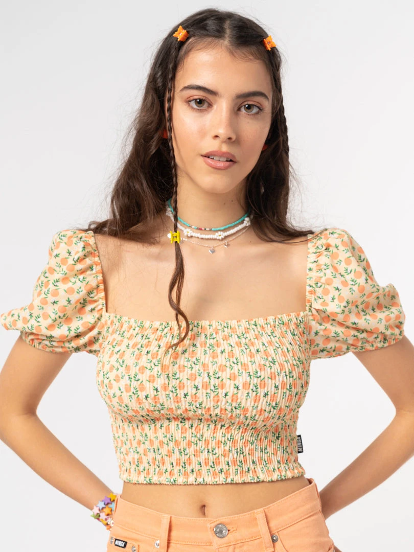 Minga London Fresh Oranges Shirred Puff Sleeve Top