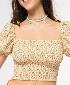 Minga London Fresh Oranges Shirred Puff Sleeve Top