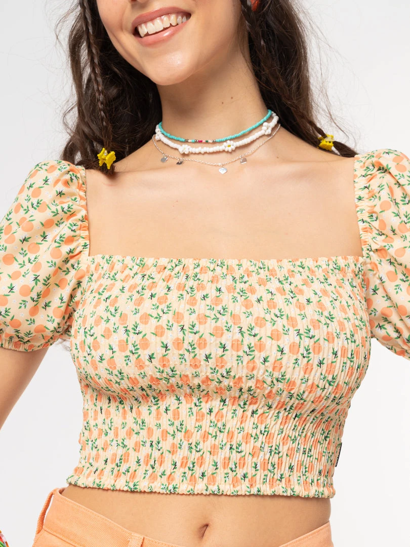 Minga London Fresh Oranges Shirred Puff Sleeve Top