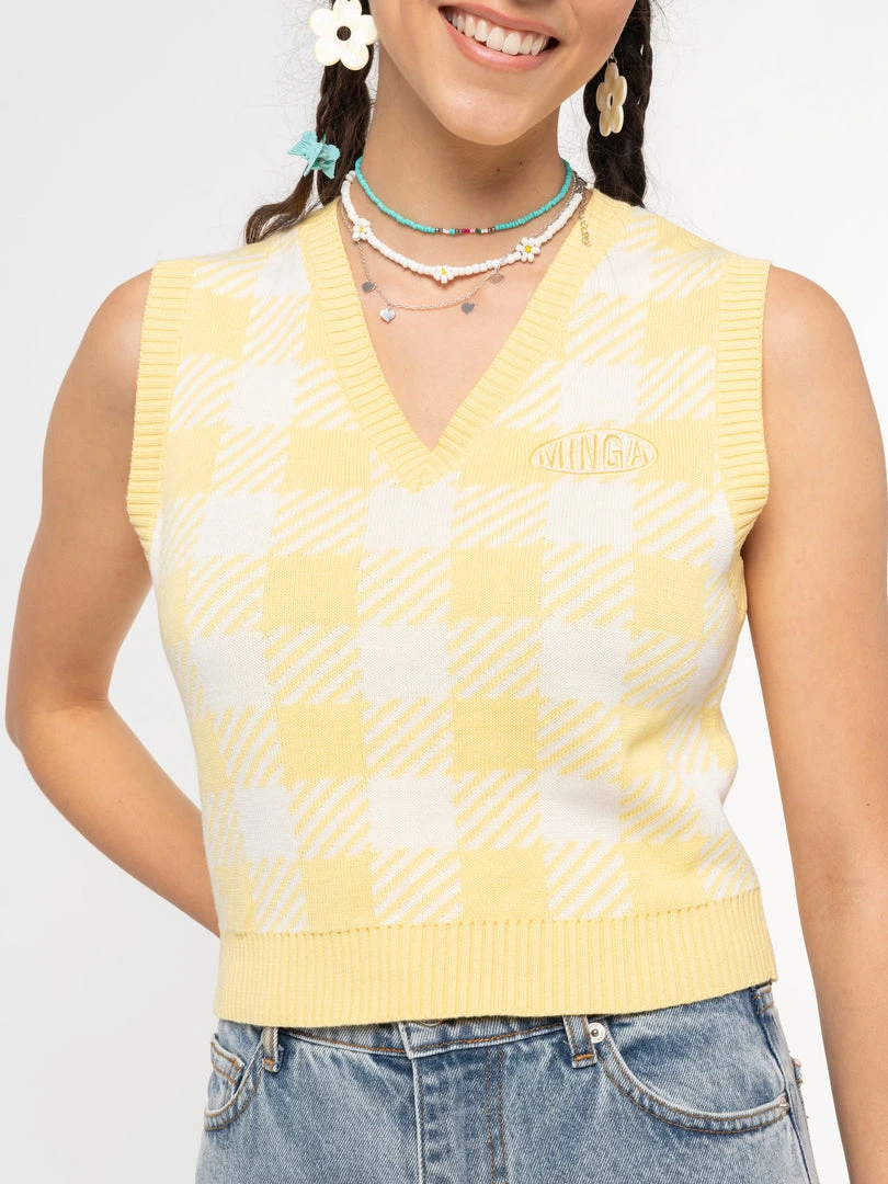 Minga London Clothing Yellow Check Knitted Sweater Vest