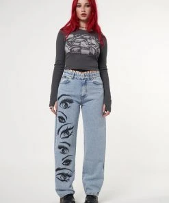 Minga London Most Wanted Yin Yang Eyes Printed Loose Fit Straight Leg Jeans