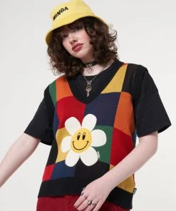 Minga London Minga X Strangervinyl Happy Flower Rainbow Check Vest
