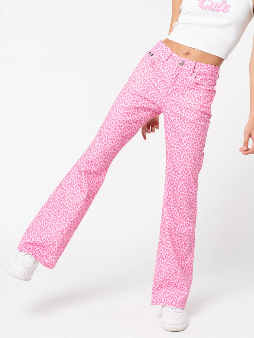 Minga London Clothing Pink Leopard Flare Jeans