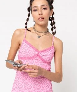 Minga London Pink Leopard Lace Trim Cami Dress
