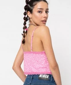 Minga London Pink Leopard Lace Trim Cami Top Clothing
