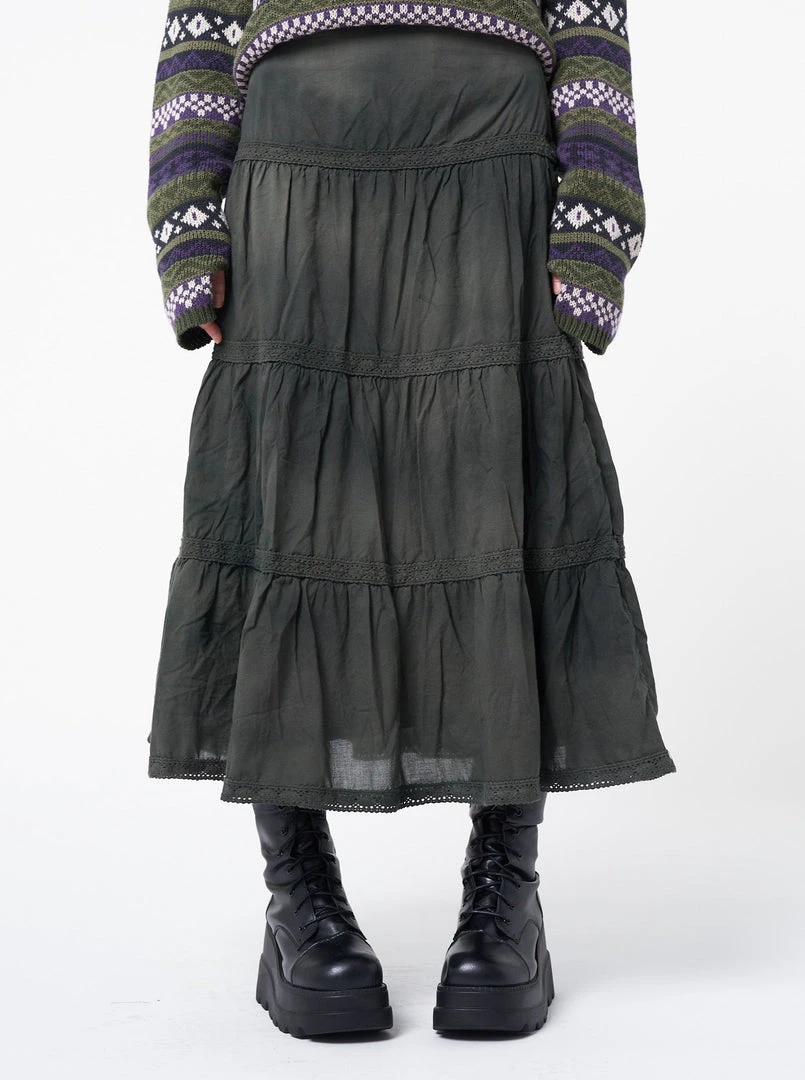 Minga London Stained Green Ruffle Lace Maxi Skirt