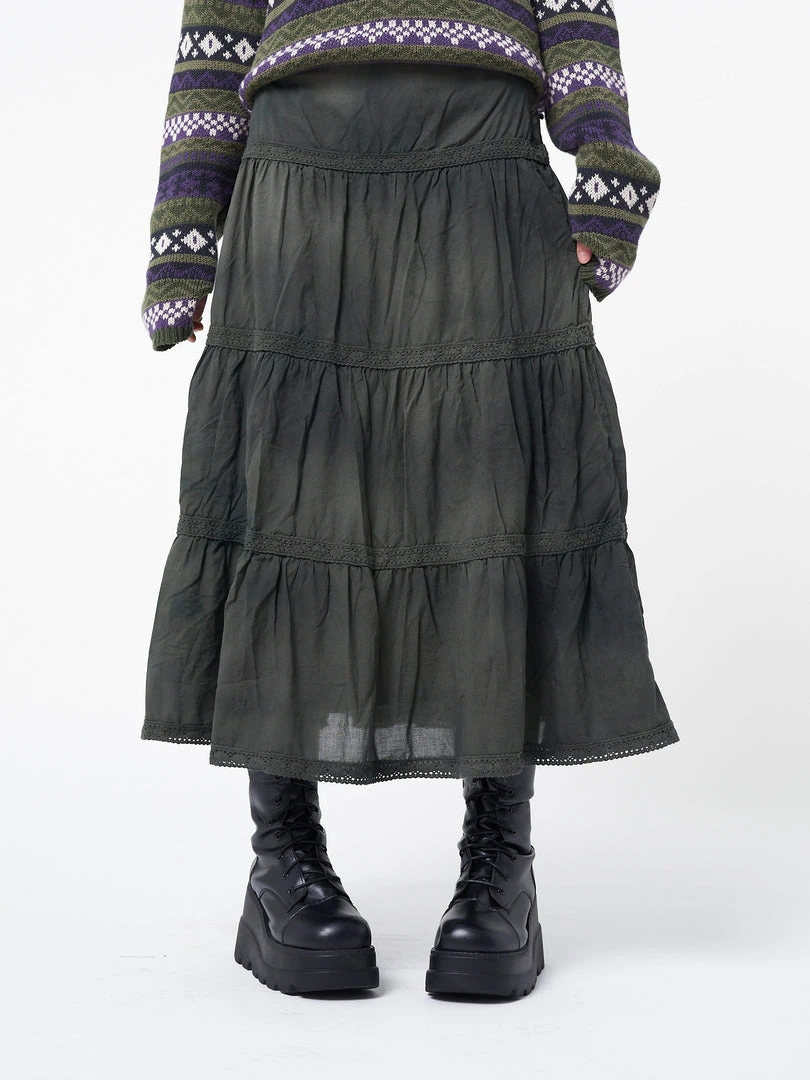 Minga London Stained Green Ruffle Lace Maxi Skirt