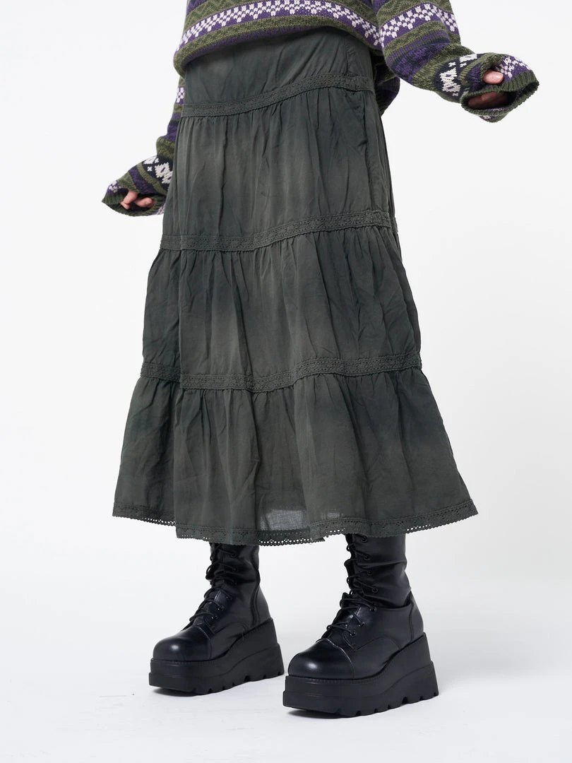 Minga London Stained Green Ruffle Lace Maxi Skirt