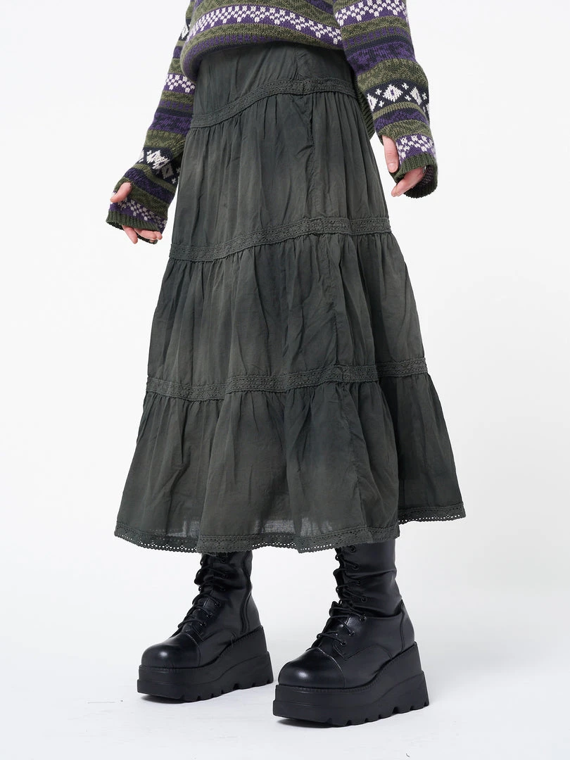 Minga London Stained Green Ruffle Lace Maxi Skirt