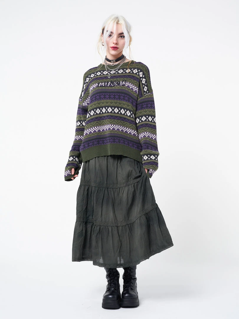 Minga London Stained Green Ruffle Lace Maxi Skirt