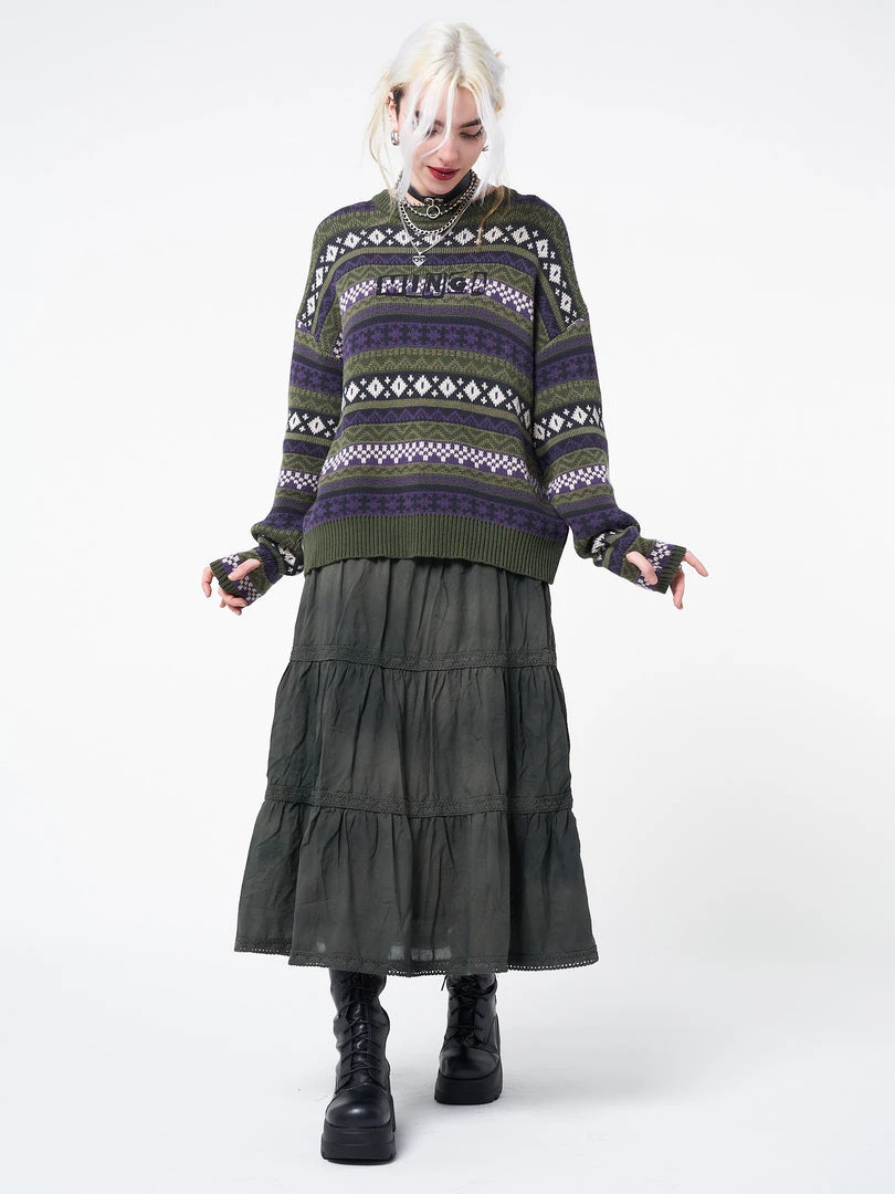 Minga London Stained Green Ruffle Lace Maxi Skirt