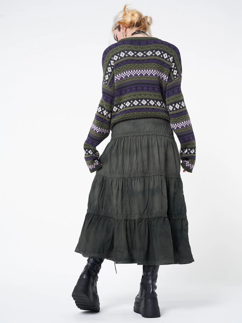 Minga London Stained Green Ruffle Lace Maxi Skirt