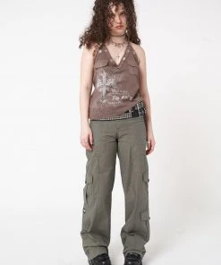 Minga London Tracy Eyelet Brown Halter Top Clothing