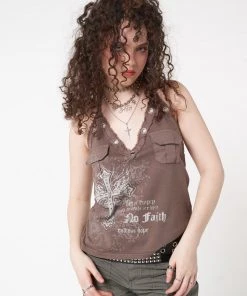 Minga London Tracy Eyelet Brown Halter Top Clothing