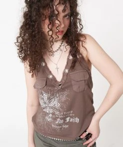 Minga London Tracy Eyelet Brown Halter Top Clothing