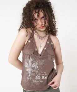 Minga London Tracy Eyelet Brown Halter Top Clothing